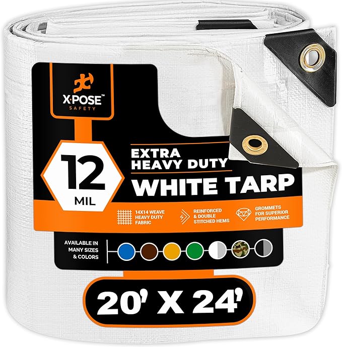 Heavy Duty White Poly Tarp 20' X 24' - Multipurpose Protective Cover - Durable, Waterproof, Weather Proof, Rip and Tear Resistant - Extra Thick 12 Mil Polyethylene - by Xpose Safety
