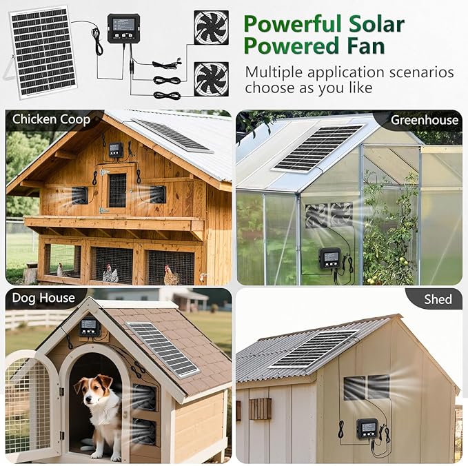 Pet Deluxe 25W Solar Fan for Chicken Coop with Battery, Solar Exhaust Fan for Shed & Greenhouse, 3 Modes Controller (Continuous/Timer/Motion Sensor), for Intake or Exhaust Vent Cooling (Black/White)