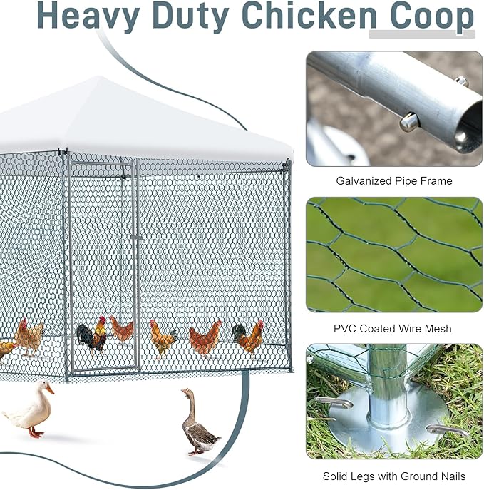 Outvita Large Metal Chicken Coop, Hexagon Walk in Chicken Run for Yard with Waterproof Cover, 13 x 11.4 x 8.6FT, Heavy Duty Steel Frame, Large Poultry Cage for Dog Kennel, Duck Coop and Hen House