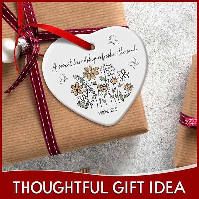 Friendship Gifts for Women, Christmas Hanging Ornaments, Cute Floral Gift for Girl Friend BFF - Sweet Friends Ornament with Bible Verse