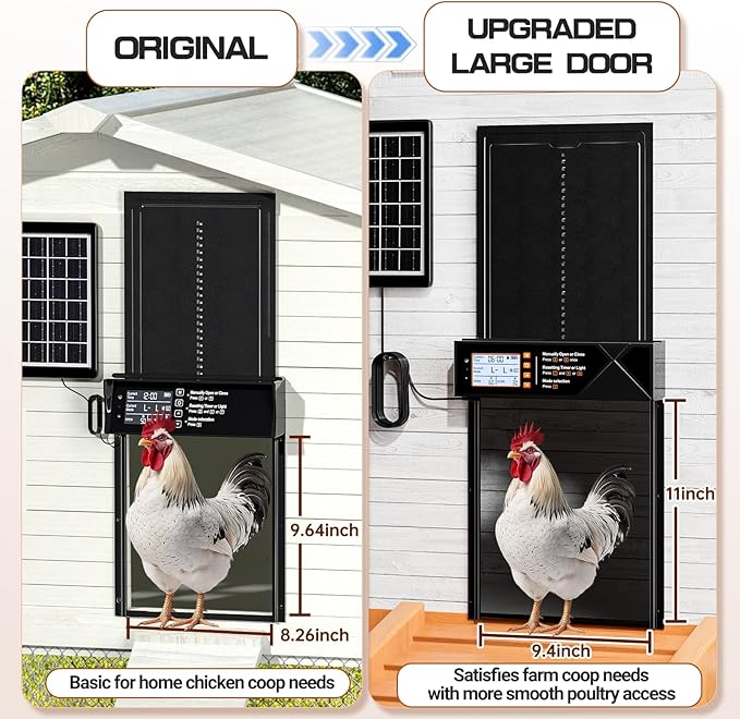 Automatic Chicken Coop Door Solar Powered, Extra Large Auto Chicken Door Mix 4 Modes with Timer & Light Sensor, USB-c Charging, Anti pinch & Alert, Remote, LED Screen, Aluminum Weather Proof Coop Door