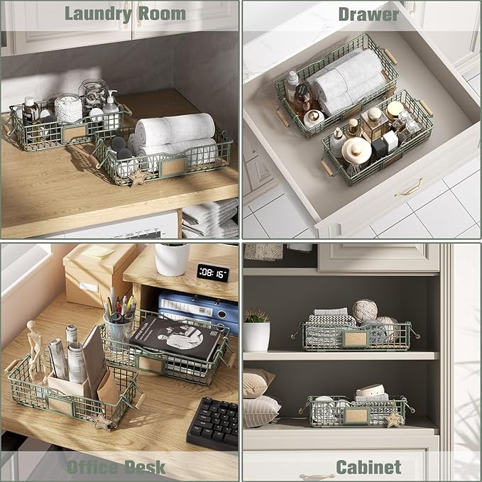 Toilet Paper Storage Basket, 2 Pack Toilet Paper Storage for Bathroom, Narrow Wire Tray for Restroom Tank Top, Bathroom Metal Baskets for Decor, Set of 2, Sage Green