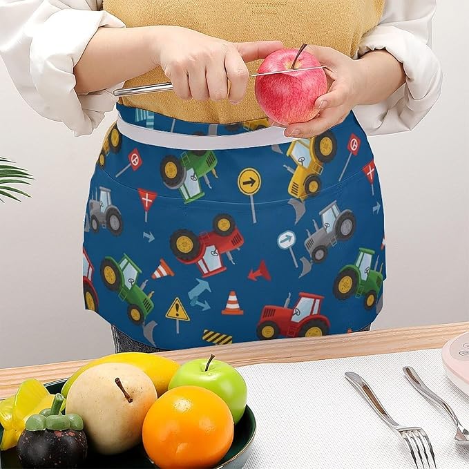 Unisex Chef Waiter Apron Waist Half Short Serving Aprons with 3 Pockets