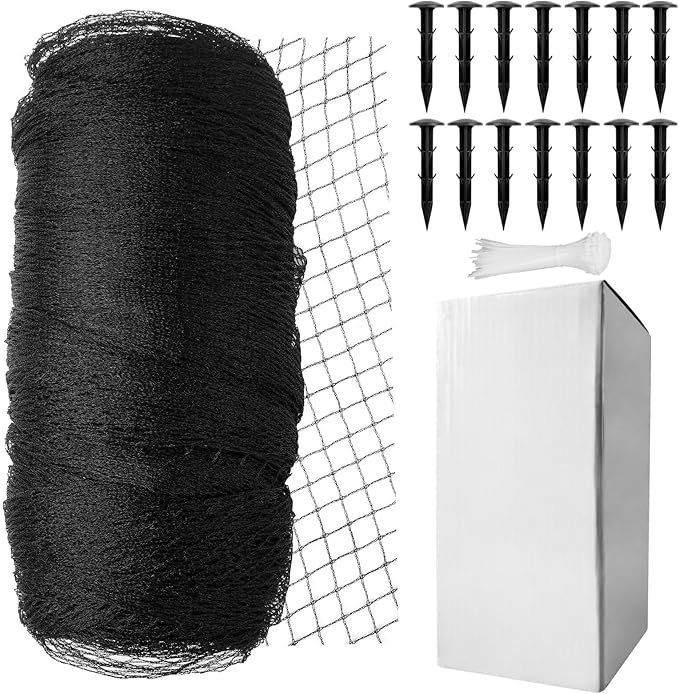 Koi Fish Pond Netting Shield 14ft x 14ft, Black Heavy Duty Pool Leaf net Cover, Protects Garden Pond from Heron, Birds,Cats & Predators Away, Durable & Stakes Included (Black)