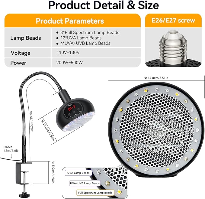 Heat Lamp for Chickens with Holder，200W-350W-500W Reptile Heating Lamp with UVA UVB Ligh 3-6-9-12H Timer, Protable Greenhouse Heater for Outdoor Chicken Coop Indoor Reptile Rabbits Dog Cats