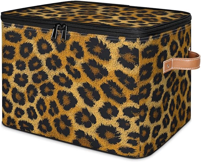 Storage Cubes with Lid Fabric Storage Bins Boxes PU Leather Handles, Leopard Print Animal Skin Closet Organizer Container Foldable Washable Shelf Cloth Basket, Leopard Print