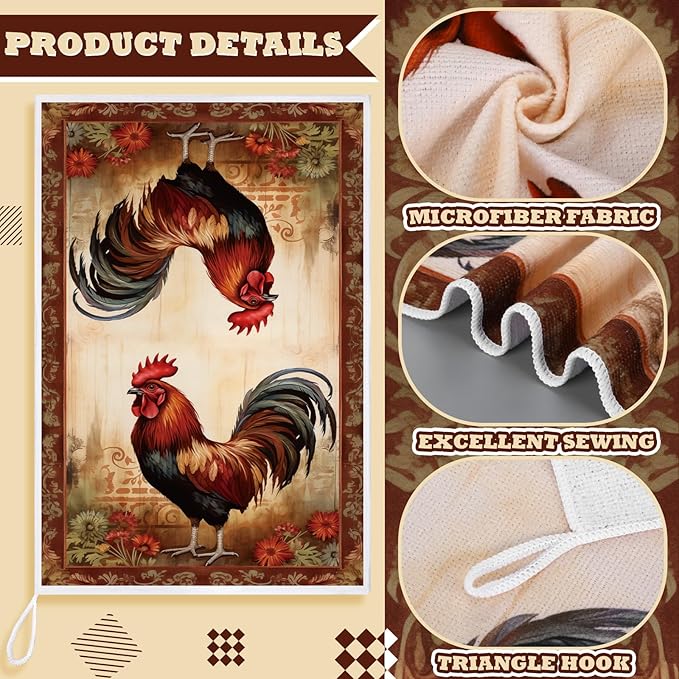 Bencailor 6 Pcs Farmhouse Kitchen Towels Chicken Rooster Kitchen Decor Farm Animal Hand Towels for Cooking Baking Housewarming Gift,15.75 x 23.62 inch(Rust Red,Retro Rooster)
