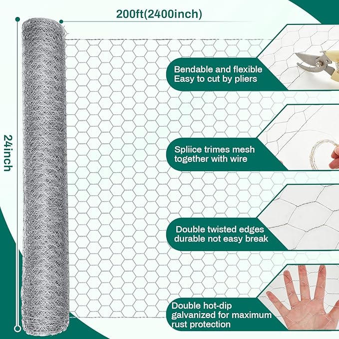 24 in x 200 ft Chicken Wire Fencing Metal Floral Chicken Wire Mesh for Crafts Poultry Garden, 1 Inch Hexagonal Galvanized Hardware Cloth Netting for Poultry Coop Barrier Rabbit Cage (Silver)