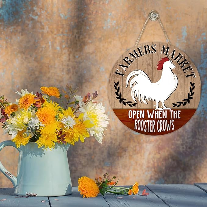 Farmers Market Open When The Rooster Crows Front Door Sign, Vintage Farmhouse Chicken Wood Hanger Outdoor Home Decor, Rustic Country Wooden Wreath Indoor Wall Hanging Decoration Farm Gifts