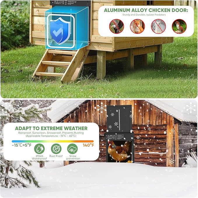 Automatic Chicken Coop Door Solar Powered with Timer & Light Sensor 4 Modes Aluminum Waterproof Chicken Door, Remote Control, LCD Display, Dual Protection of Anti-Pinch Design and Abnormal Alarm