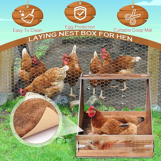 Chicken Nesting Box with 3 Pads for Laying Eggs Plastic Hen Nest Box Wooden Surface Chicken Coop Laying Boxes for Hen Duck Poultry