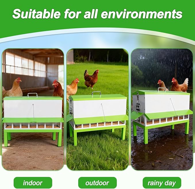 Metal Chicken Feeder 80lbs No Waste Automatic Chicken Feeder Galvanized Large Capacity Poultry Equipment with Latch and Handle Weatherproof Rat Proof for Chickens and Other Birds Outdoor Coop