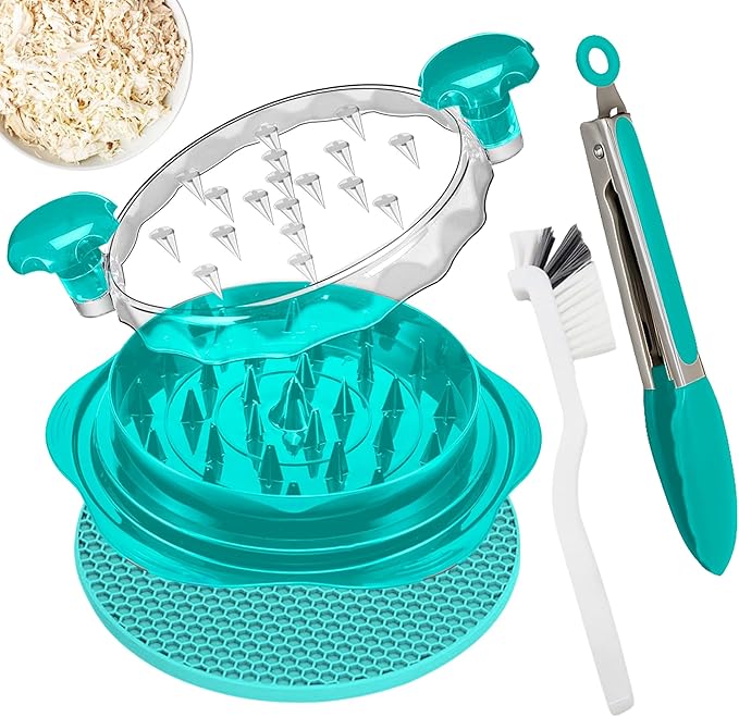 Chicken Shredder Tool Twist Large – Visible Meat Shredder for Chicken Breast with Cleaning Brush & Tong, BPA-Free Non-Slip Base, Ergonomic Handle, Heat Resistant & Dishwasher Safe (Blue)