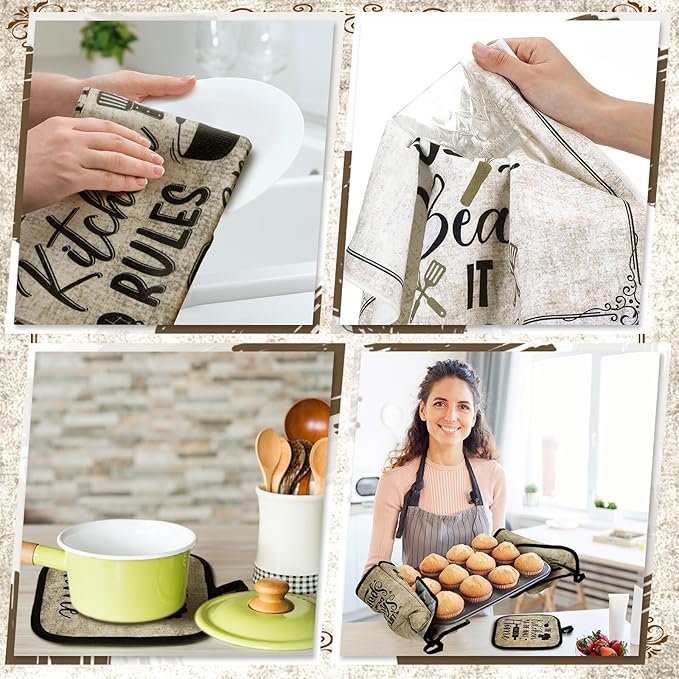 10 Pcs Attractive Style Kitchen Dish Towels Rugs Oven Mitts and Pot Holders Set Farmhouse Kitchen Decor Set for Women Mom Daughter Gift Cooking Baking Grilling (Rustic Farmhouse)