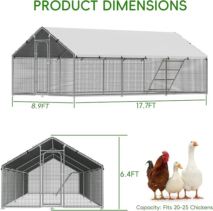 Large Metal Chicken Coop Run with Roosting Perch, Outdoor Poultry Cage with Waterproof & UV-Resistant Cover for Chickens, Ducks, Rabbits in Yard or Farm Use, Spire Roof (8.9'W x17.7'L x 6.6'H)
