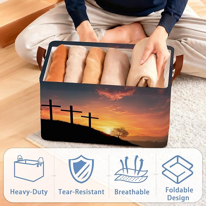 Cross Sunset Storage Basket,Collapsible Storage Bin Cubes for Living Room Bedroom Blankets Home Storage 17x11.5x10Inch