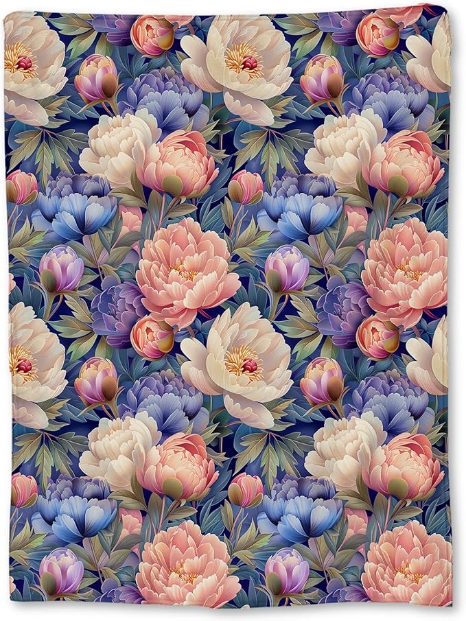 Elegant Peony Blanket, Soft Lightweight Flannel Pink and Purple Floral Throw for Couch, Bed, Travel, Living Room & Home Decor, Cozy Warm Fuzzy Blankets for Adults Women Girls 50×40 in
