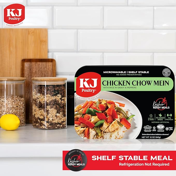 KJ Poultry Kosher Ready Meals - Chicken Chow Mein, MRE Meat Meals Ready to Eat, Gluten Free, Halal, (3 Pack) Prepared Entree Fully Cooked, Shelf Stable Microwave Dinner Travel Military Camping