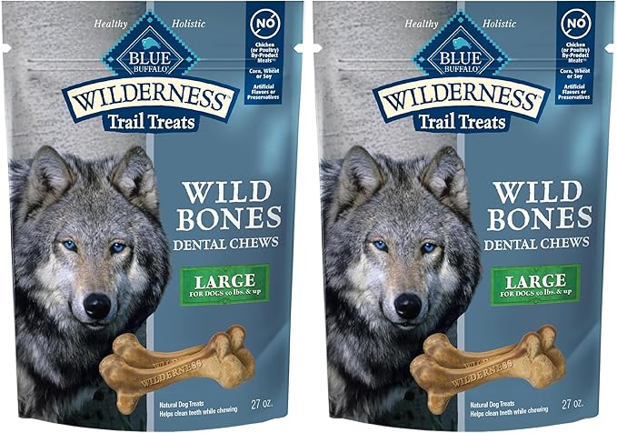 Blue Buffalo Wilderness Wild Bones Grain-Free Dental Chews Dog Treats, Large, 27-oz Bag, (Pack of 2)