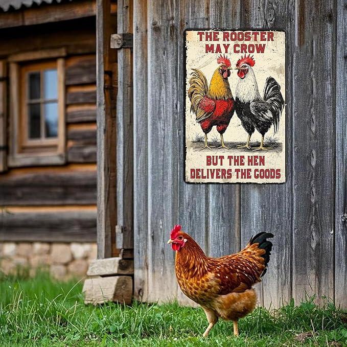 Funny Chicken Signs The Rooster May Crow But The Hen Delivers The Goods Aluminium Sign Metal Chicken Signs Decor Home Ktichen Farm Are Wall 12x16 Inch Vintage Chicken Signs Metal Tin Poster