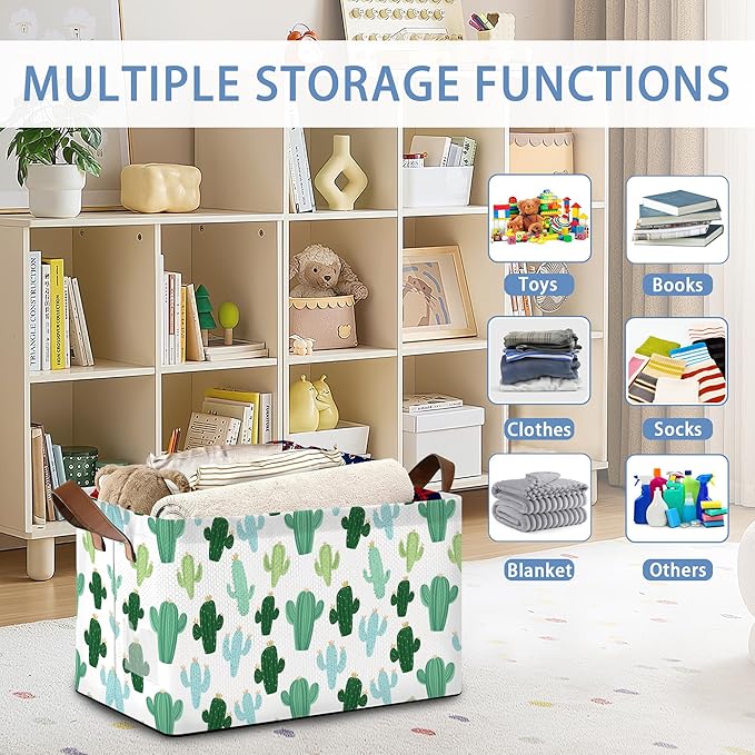 Cactus Tropical Storage Basket,Collapsible Storage Bin Cubes for Living Room Bedroom Blankets Home Storage 17x11.5x10Inch