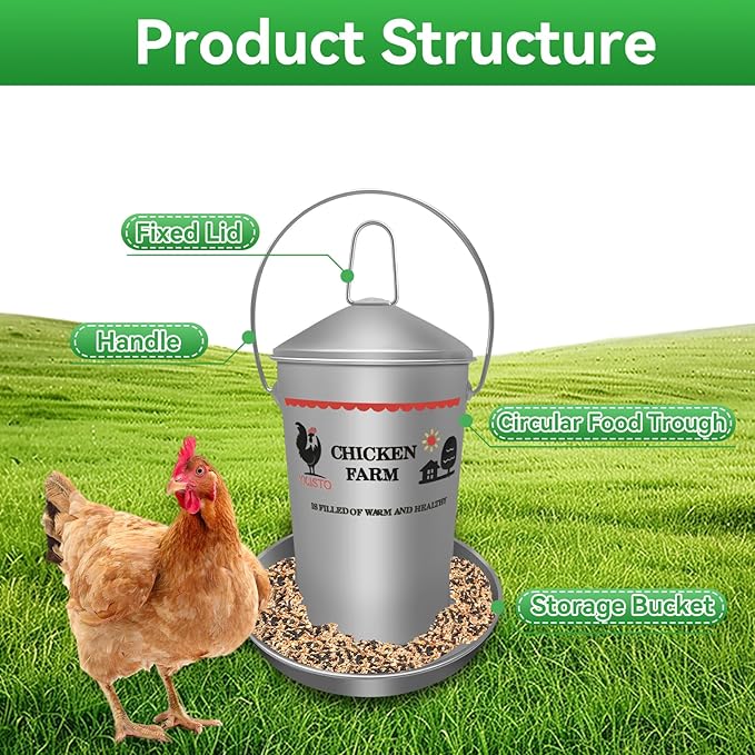 8.8 Lb Stainless Steel Poultry Feeder, Automatic Chicken Feeder No Waste, Hanging Chicken Feeder Heavy Duty Reliable Long-Lasting with Handle, Top Filled