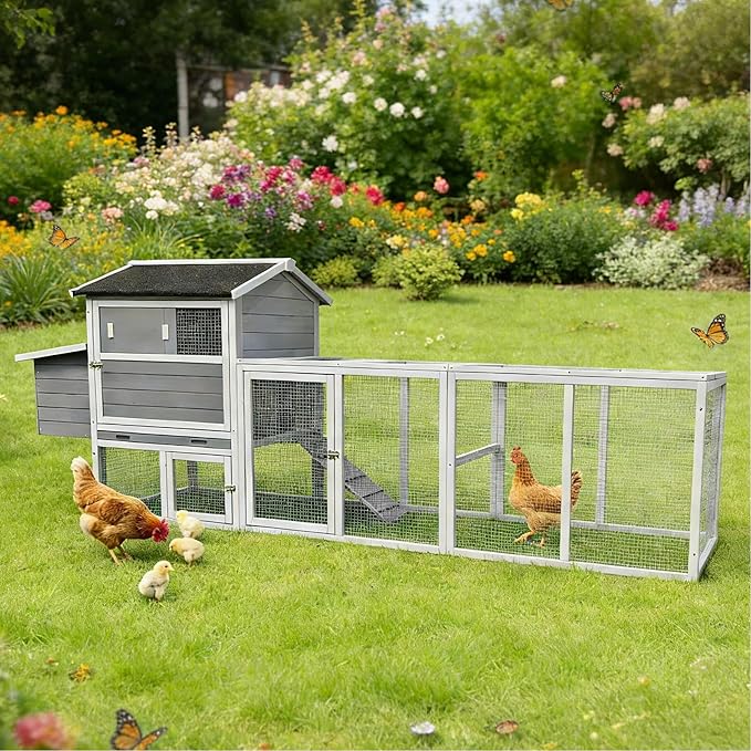 Large Wooden Chicken Coop Outdoor Hen House with Nesting Box，Walk-in Poultry Cage with Secure Locks, Metal Mesh Run for Backyard Farm Use (Gray 114.26")