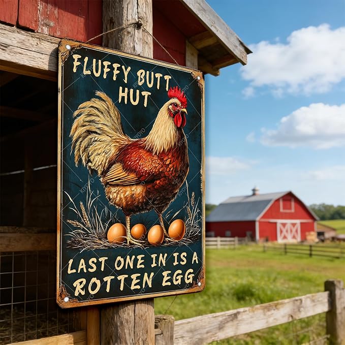 Chicken Metal Tin Sign and Egg Poster Fluffy Butt Hut Vintage Tin Sign for Family Kitchen Bar Farm Garden Wall Plaque 12x8 Inch
