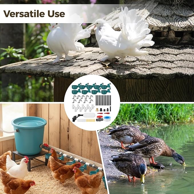 Complete Automatic Chicken Waterer System Kit, Includes 9 Chicken Water Cups, PVC Pipe, T-Joints, Float Valve, Poultry Watering, DIY Chicken Water Feeder for Broiler, Duck, Goose, Farm Birds