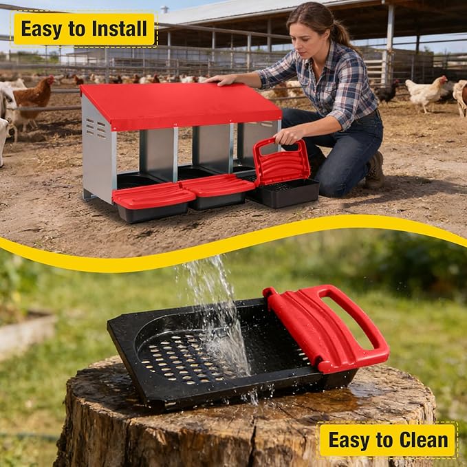 Aivituvin Chicken Nesting Box, 3 Compartments Chicken Egg Laying Box, Metal Nesting Boxes with Swing Perch for Chickens, Roll Away Egg Collection for Chicken Coop (Red)
