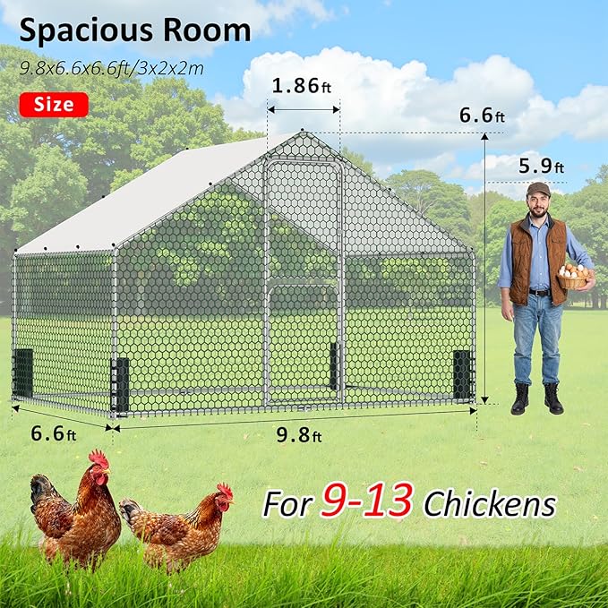 Large Metal Chicken Coop, Walk-in Chicken Run with Feeding Door, Security Lock and Cover, Outdoor Duck/Rabbit Cage Poultry Pen for Backyard, Farm, Yard (Silver - Spire Roof, 9.8 x 6.5 x 6.5 FT)