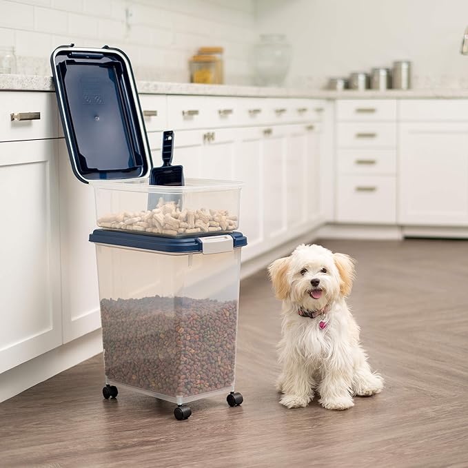 IRIS USA Dog Food Storage Container, 30 lbs & 11 lbs Combo, Cat Food Storage Container, Dog Treat Container, Airtight, Stackable, 2-Cup Scoop, Wheels, Easy Mobility, Navy