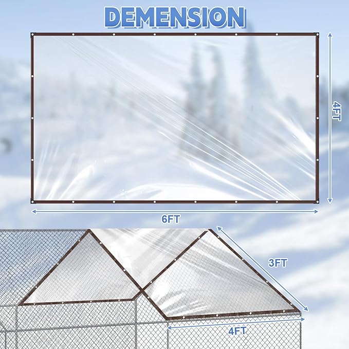 VitalCozy 2 Pcs Chicken Coop Cover 6 x 4 ft Waterproof Clear Tarp Heavy Duty PVC Vinyl Chicken Run Cover Coop Accessories for Outdoor Winter with 10 Pcs Ball Bungees Cords