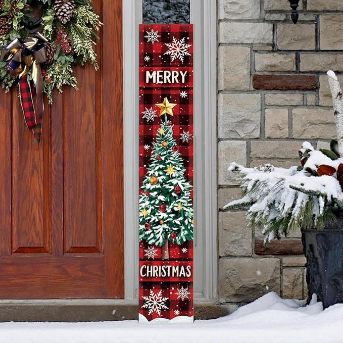 47" Large Christmas Porch Sign Red Buffalo Plaid Welcome Sign Wooden Tall Christmas Porch Decor Leaner Front Door Decor for Rustic Farmhouse Xmas Holiday Outdoor Home Yard Gift