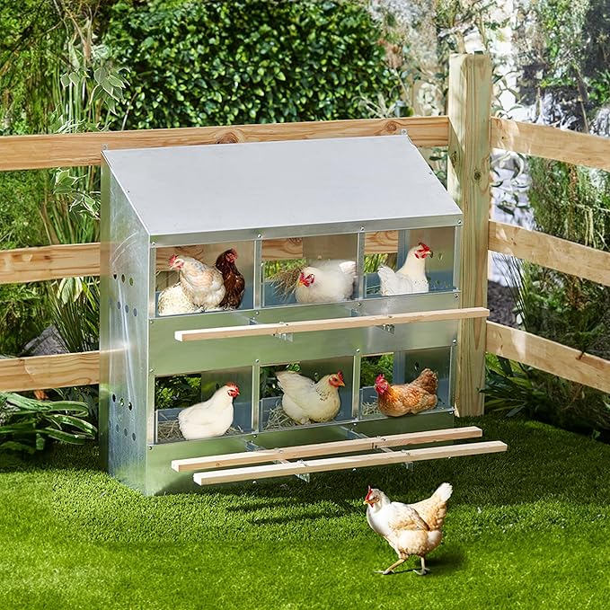 Brower 2-Tier 6-Hole Galvanized Steel Chicken Nesting Box, 30 to 40 Hen Capacity – Outdoor Poultry Laying Station with Hinged Folding Perches, Ventilated Design & Slanted Roof – Made in the USA