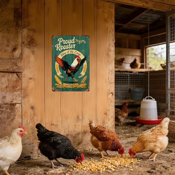 Funny Rooster Sign Pround Rooster King of the Coop Rustic Tin Sign for Home Farm Chicken Coop Decor 12x8 Inch