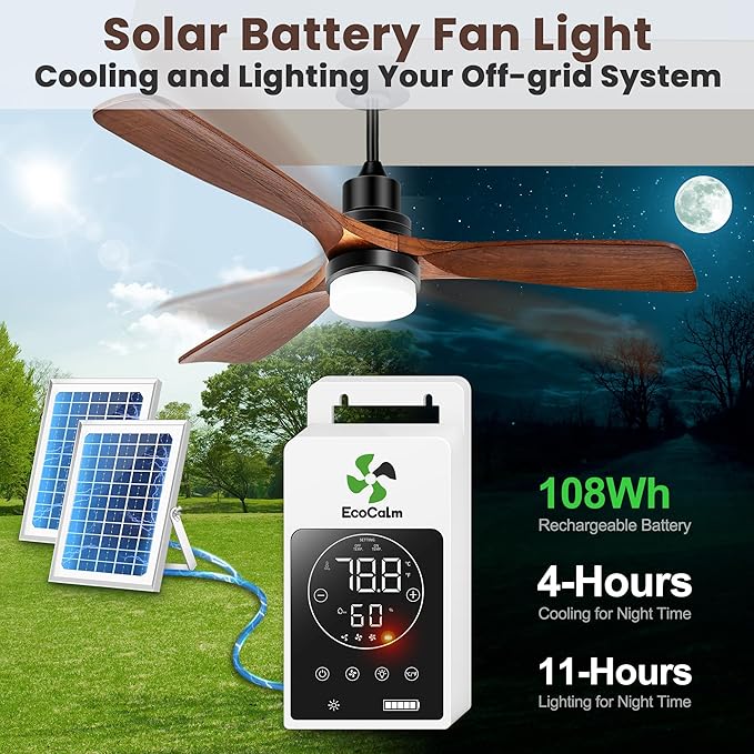 Solar Ceiling Fan 42" for Outside 3 Speeds, Outdoor Ceiling Fans with Light & Battery, Quiet Wood Walnut Fan with Adjustable Thermostat for Gazebo, Patios