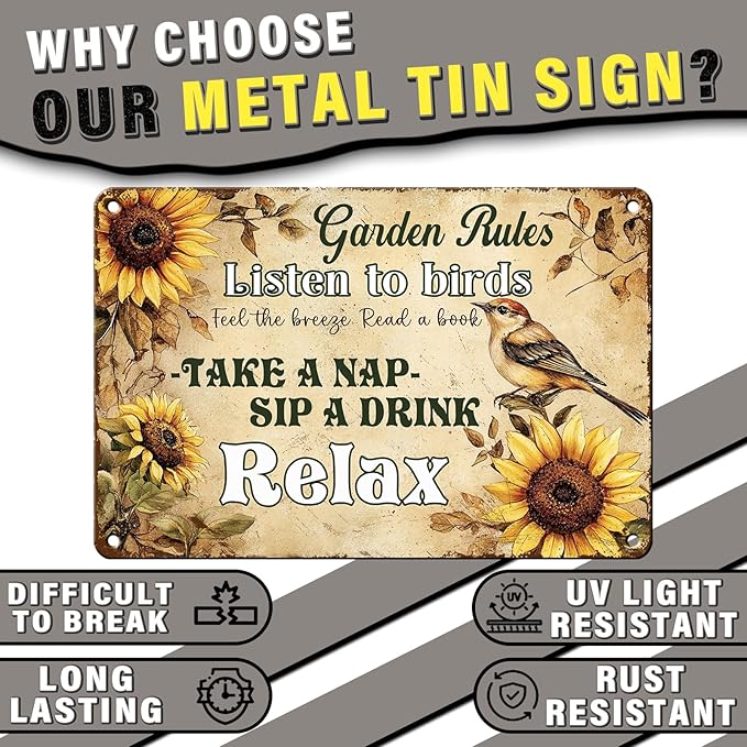 PEACHGARDEN Vintage Garden Rules Metal Tin Sign Outdoor Wall Art Women Gardening Gifts Durable Rustic Patio Yard Farmhouse Decor 12x16inch
