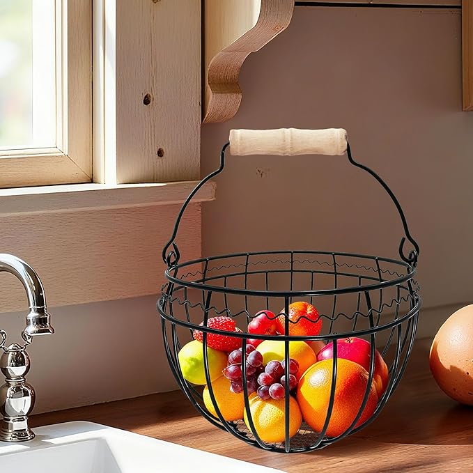 Wire Egg Basket for Gathering Fresh Eggs, Vintage Chicken Egg Collecting Basket with Handle, Farmhouse Egg Storage Container Countertop,Black, Ventilated Design, Easter Christmas Kitchen Decor