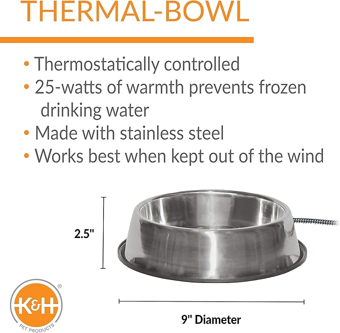 K&H Pet Products Thermal-Bowl Heated Water Bowl for Cats & Dogs Outside, Safety Listed Outdoor Heated Dog Dish for Pets, Automatic No Freeze, Anti Chew Cord - 102 Ounces Stainless 25W