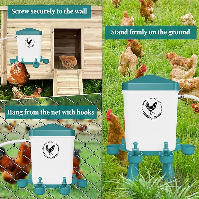 Chicken Waterer, 3 Gallons Automatic Chicken Waterers with 5ft Pipe, Float Controlled Automatic Poultry Water Feeder, 5 Chicken Waterer Cups (Blue, 3 Gallons)