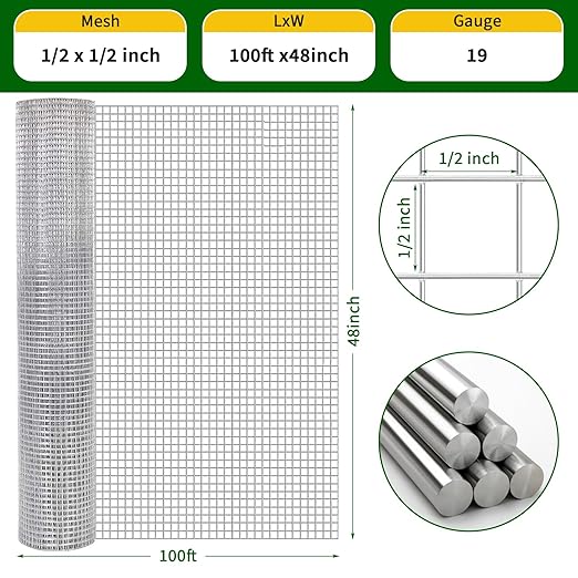 19 Gauge Hardware Cloth 1/2 Inch 48x100 Ft – Vinyl Coated Galvanized Steel Mesh | Silver Chicken Wire Fence for Garden, Poultry Netting, Rat Wire & Snake/Tree Guard，Silver
