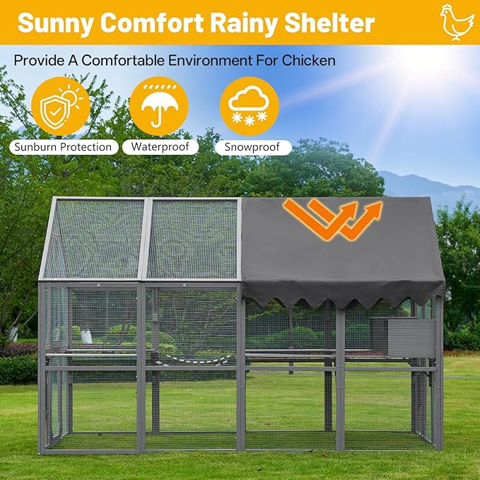 KEIKI 110"L Outdoor Large Chicken Coop with Waterproof Cover, Roosting Platform, Wire Mesh & 2 Lift Small Doors with Locks, Wood Chicken Coop House with Run for Cat Kitten Playpen, Duck, Rabbit, Quail