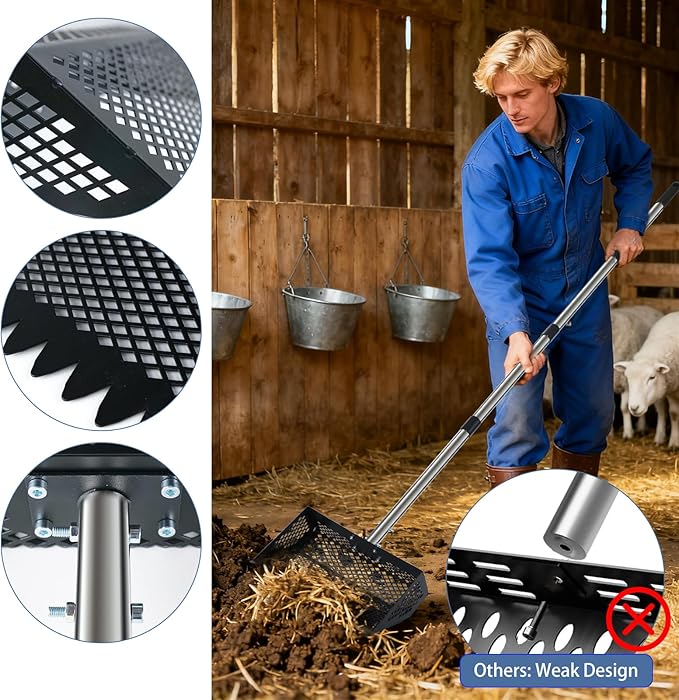 Upgraded Chicken Coop Poop Scooper and Rake, Stainless Steel Chicken Coop Scoop for Sand with Adjustable Handle, Cat Dog Litter Sifting Shovel for Farm, Garden, Yard Cleaning Tools Accessories