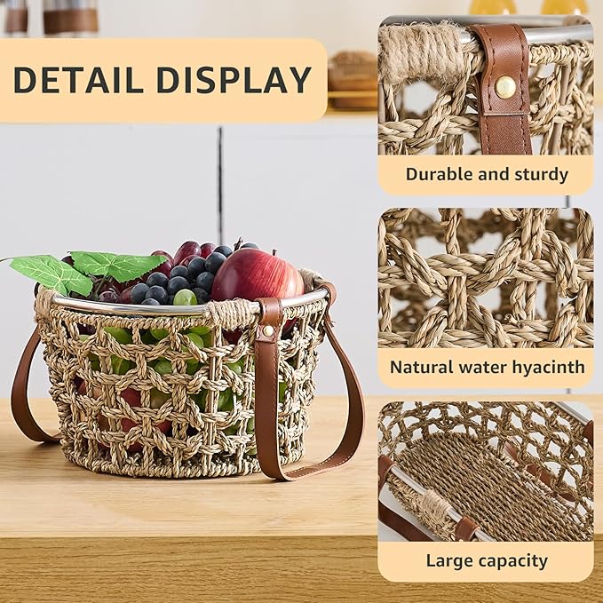 Farmhouse Seagrass Egg Baskets - Handmade Wicker Egg Collecting Basket with Handle