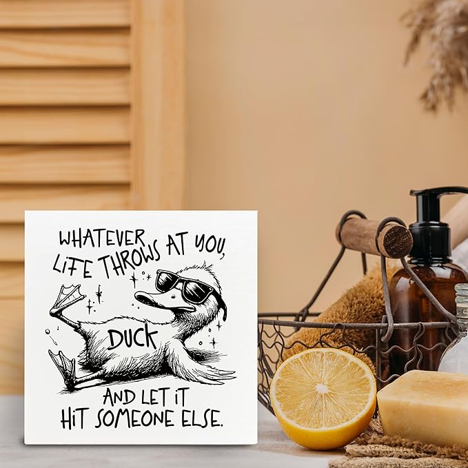 Funny Wooden Box Sign - Sarcastic Gifts for Women, Duck Decor, Funny Decorations, Retro Whatever Life Throws at You Duck Wooden Box Sign for Home Shelf Desk Office 5x5 Inch