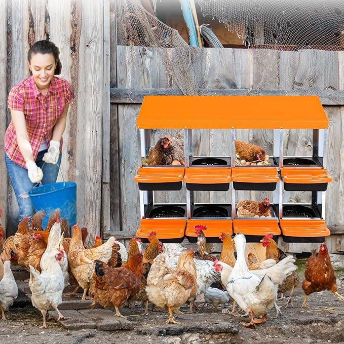 GarveeHome 2-Tier Chicken Nesting Box, 8 Compartment Metal Chicken Laying Boxes with Waterproof Roof ＆ Removable Trays for Hens, Poultry，Easy Egg Collection