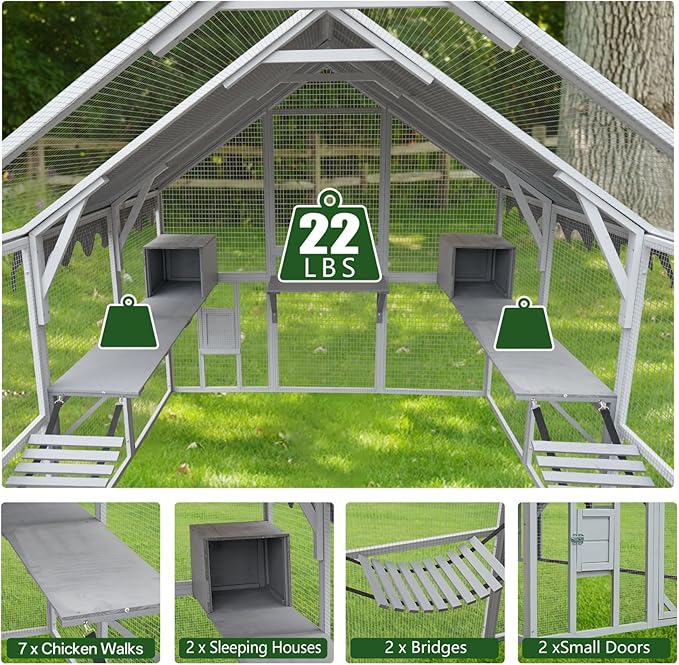 KEIKI 110"L Outdoor Large Chicken Coop with Waterproof Cover, Roosting Platform, Wire Mesh & 2 Lift Small Doors with Locks, Wood Chicken Coop House with Run for Cat Kitten Playpen, Duck, Rabbit, Quail