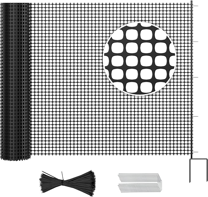 DoCred Plastic Fence with Stakes, 39.4in x 82ft Portable Poultry Fencing Net Mesh for Chickens & Dog, Temporary Gardening Fence Pet Barrier for Backyards, Vegetable Gardens, Lawn & Outdoor Decoration