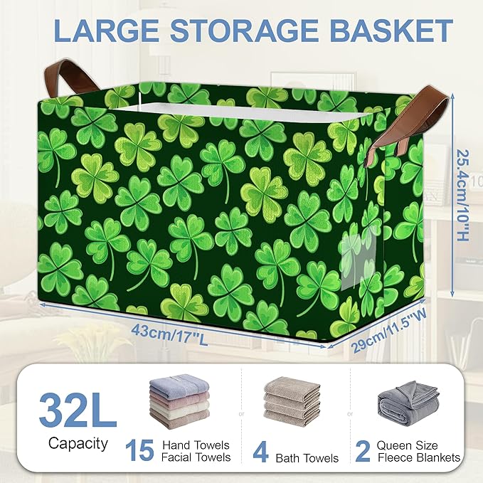 Lucky Clover Storage Basket with Handles,Patrick's day Collapsible Rectangle Organizer Bin for Room Decoration Books Box Baskets 17x11.5x10Inch